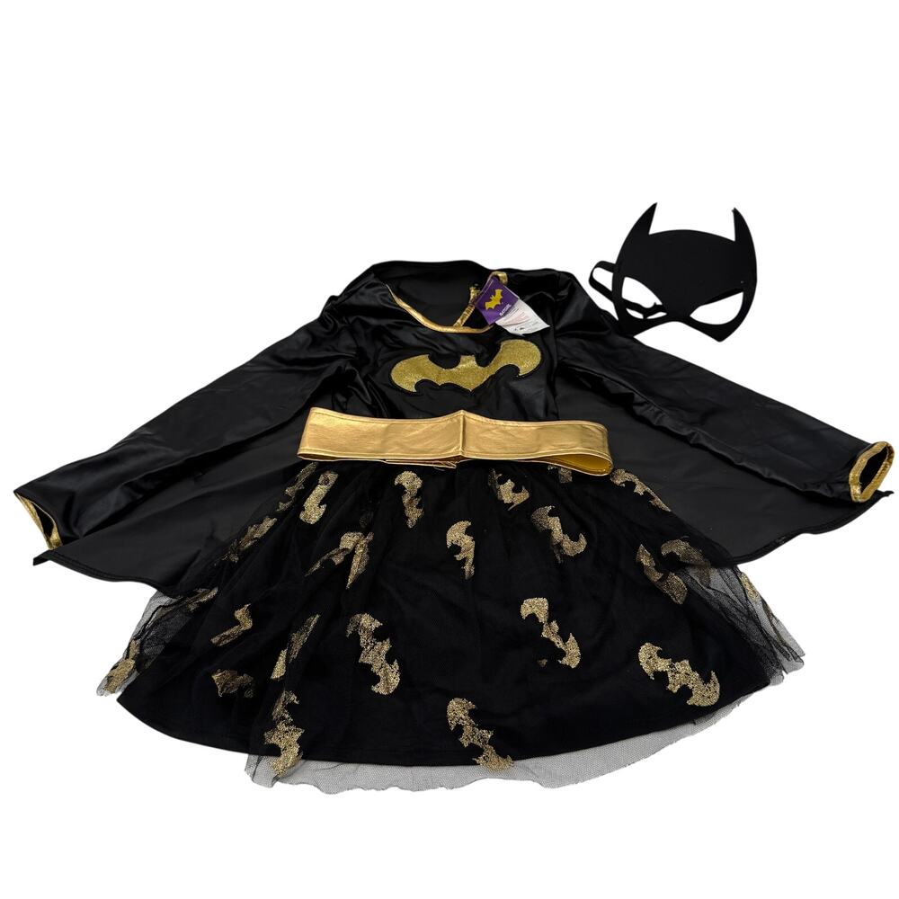 Bat Girl Size S Halloween Costume 4 pc Black/Gold Cape,Belt, & Mask Made in USA